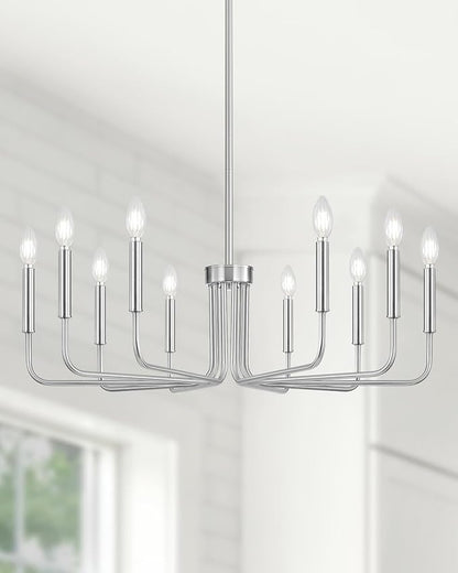Yunnix 10 Light Brushed Nickel Chandelier, 33" Extra Large Modern Farmhouse Hanging Fixture - Sleek Silver Chandelier Dining Room Light for Kitchen Island, Living Room, Hall, Foyer