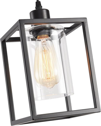Black Pendant Lights for Kitchen Island Industrial Lantern Pendant Light Fixtures with Clear Glass Shade, Farmhouse Adjustable Height Hanging Pendant Lighting