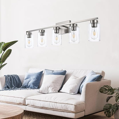 5 Light Bathroom Vanity Light Fixtures, Brush Nickel Modern Wall Lights with Clear Glass Shade, Vintage Wall Sconce Lighting for Living Room, Mirror, Bedroom, Hallway (Nickel, 5-Lights)