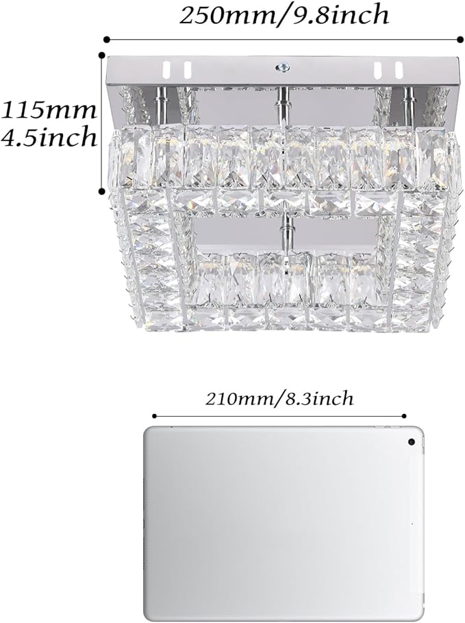 9.8" Modern Crystal Ceiling Light Fixture Mini Square Chandelier Flush Mount Light Fixture Ceiling Lamp for Small Hallway Foyer Entryway Bedroom, 3 Colors Adjustable