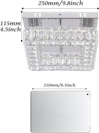 9.8" Modern Crystal Ceiling Light Fixture Mini Square Chandelier Flush Mount Light Fixture Ceiling Lamp for Small Hallway Foyer Entryway Bedroom, 3 Colors Adjustable