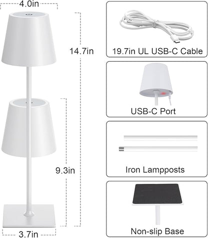 Kakanuo White Gold Cordless Rechargeable Table Lamp 5000mAh Battery Operated Lamps, 3 Colors Stepless Dimming Touch Lamp for Living Room, Kitchen Counter, Dining, Outdoor Patio, 2 Pack