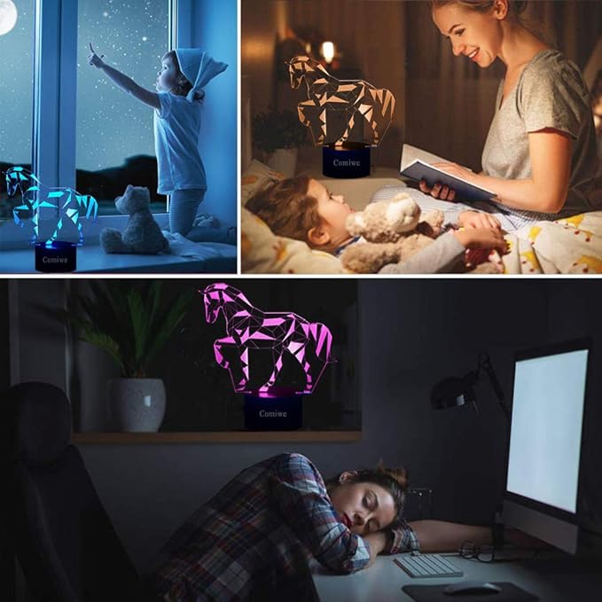 Horse 3D Illusion Night Light, 16 Colors Dimmable LED Bedside Lamp with Touch & Remote Control, USB & Battery Powered Home Decor for Bedroom, Living Room & Holiday Settings