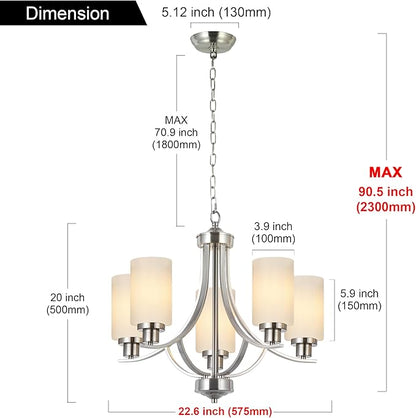 MELUCEE 5 Lights Chandeliers for Dining Room Traditional Chandelier Classic Pendant Light Brushed Nickel with Milky White Glass Shade, Mid Century Modern Chandelier for Kitchen Foyer Bedroom