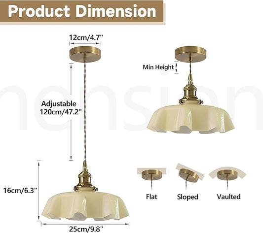 Vintage Glass Pendant Light,Gold Brass Pendant Lights Body,Adjustable Height Hanging Light Fixture for Kitchen Island Dining Room Living Room,Color Creamy Yellow