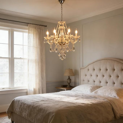 Modern Crystal Chandelier with 6 E12 Sockets, Adjustable Chain, Elegant K9 Crystal Lighting Fixture for Living Dining Room, Foyer