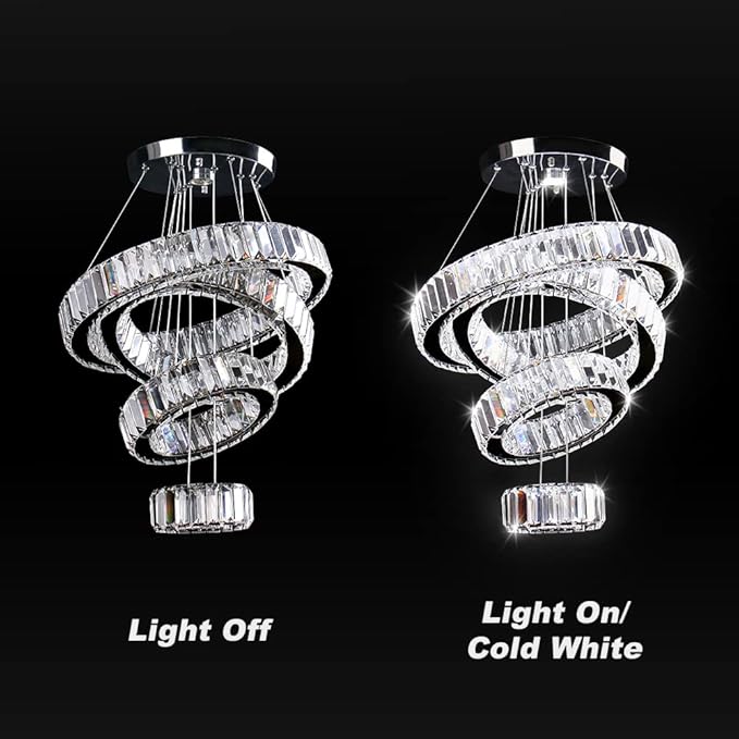 CLAIRDAI LED Crystal Chandeliers High Brightnes 4 Rings Adjustable Stainless Pendant Lighting Chandeliers for Bedroom Living Room Dining Room Dia 5.9-9.8"-13.8"-17.7" 6500K Cool White