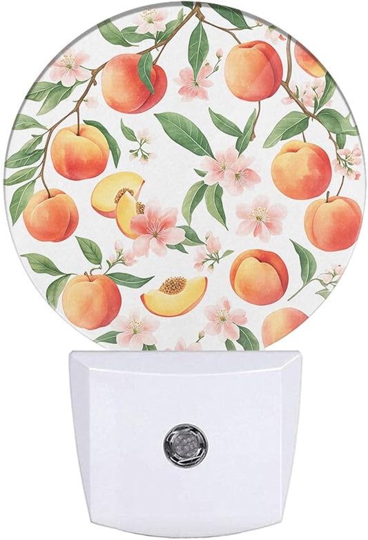 EKOBLA Plug-in Peach Night Light, Watercolor Fruit Design, Dusk to Dawn Sensor, Peach with Leaf Nightlight Decor for Men Women Bedroom Bathroom