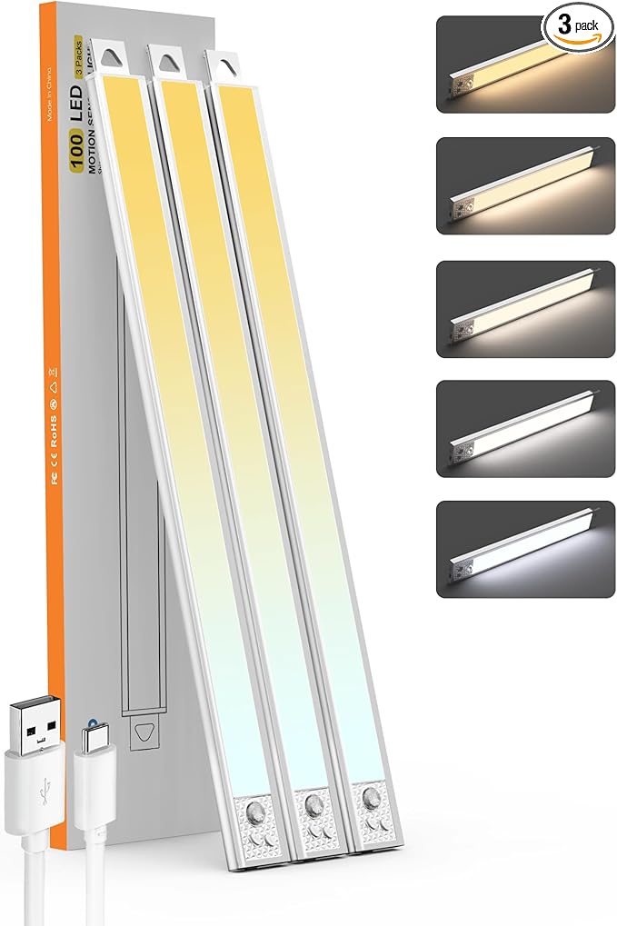 20 Inch Under Cabinet Lighting, 3Pack 5CCT Dimmable Closet Lights, Motion Sensor LED Lights of Battery Operated, Rechargeable Under Counter Light for Kitchen, Stairs, Bedroom, Wardrobe
