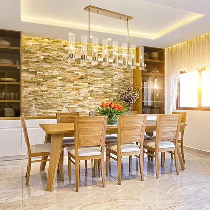 8-Light Linear Chandelier - Gold Kitchen Island Lighting - with Glass Shape Adjustable 50'' Modern Farmhouse Rectangle Pendant Light Fixtures, Dining Room, Bedroom
