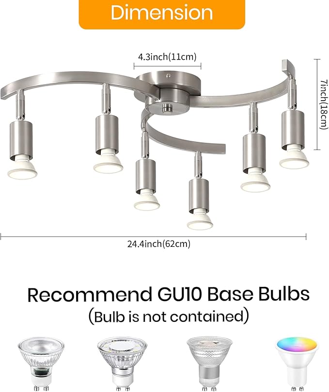 6 Light Track Lighting Fixtures Ceiling, Flexibly Rotatable Light Heads, Nickel Semi Flush Mount Ceiling Light for Kitchen Dining Room Living Room.Gu10 Bulb Base.
