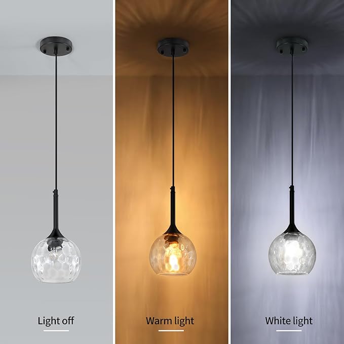 Glass Pendant Lights Kitchen Island: 5.91'' 2-Pack 1-Light Hammered Glass Pendant Light with Black Finish - Modern Minimalist Hanging Light Fixture for Kitchen Sink Dining Room Bathroom