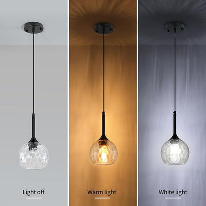 Glass Pendant Lights Kitchen Island: 5.91'' 2-Pack 1-Light Hammered Glass Pendant Light with Black Finish - Modern Minimalist Hanging Light Fixture for Kitchen Sink Dining Room Bathroom
