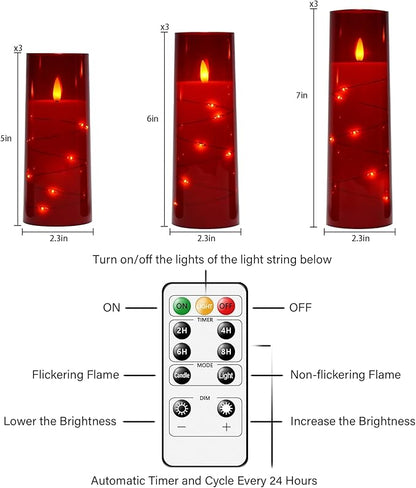 Nimiko Flickering Flameless LED Candles,Battery Operated Candles 9 Pcs with Embedded Star String,Acrylic LED Pillar Candles with Remote,Suitable for Home Decoration to Create an Atmosphere（Red）
