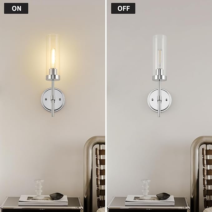 WILON Modern Wall Sconces 2 pcs, Bathroom Light Fixture with Long Clear Glass Shades, Indoor Siver Wall Lamp for Vanity Mirror Bedroom Living Room Bedside Hallway Corridor Stairs, Chrome