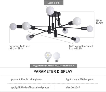 Garwarm Black Ceiling Light Fixture, 8-Lights Semi Flush Mount Ceiling Light, Sputnik Chandelier Industrial Ceiling Lamp for Kitchen Dining Room Bedroom Foyer Entryway Hallway Lighting Fixture