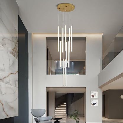 HuisMier 10 Lights Gold LED Chandeliers, Modern Dimmable Staircase Chandelier for High Ceiling with Remote Control, Long Foyer Chandelier for Living Room Entryway Hallway, 3000K-6000K