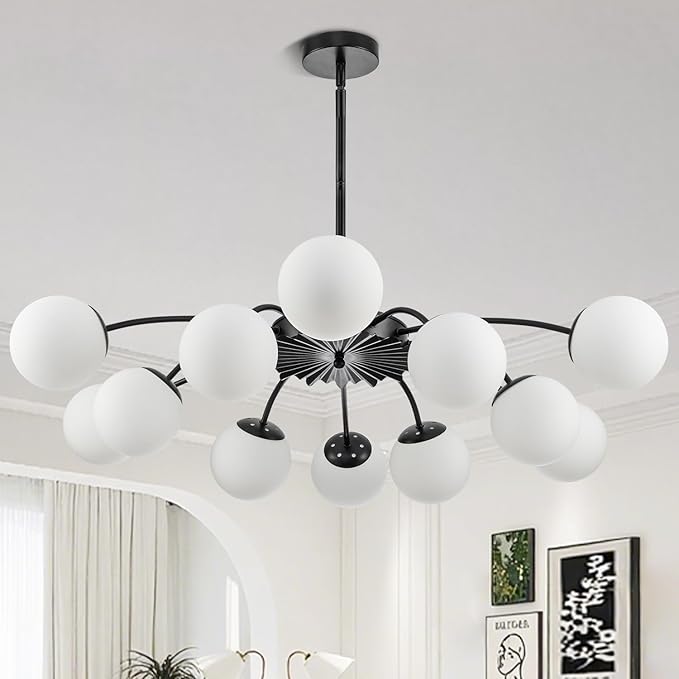 Longree 12-Light Black and White Sputnik Chandeliers with Blossom Accent Milk Glass Bubble Pendant Lighting, Mid Century Opal Glass Ceiling Light Fixture for Dining Hallway Living