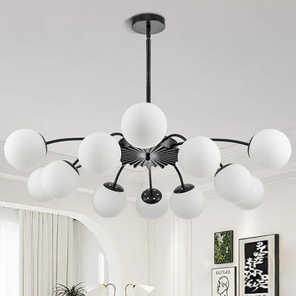 Longree 12-Light Black and White Sputnik Chandeliers with Blossom Accent Milk Glass Bubble Pendant Lighting, Mid Century Opal Glass Ceiling Light Fixture for Dining Hallway Living