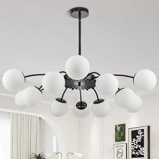 Longree 12-Light Black and White Sputnik Chandeliers with Blossom Accent Milk Glass Bubble Pendant Lighting, Mid Century Opal Glass Ceiling Light Fixture for Dining Hallway Living