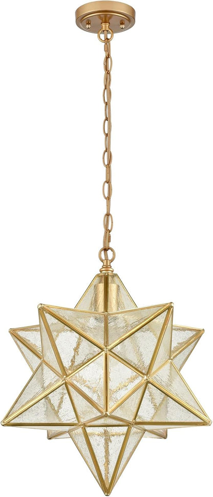 DAYCENT Moravian Star Light Fixture Modern Brass Seeded Glass Pendant Lights, 15-inch