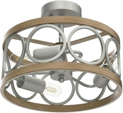 XINGQI 13" Modern 3-Light Brushed Nickel Rustic Semi Flush Mount Ceiling Light Fixture Wood Grain Metal Round Lamp for Kitchen Dining Room Bedroom Entryway
