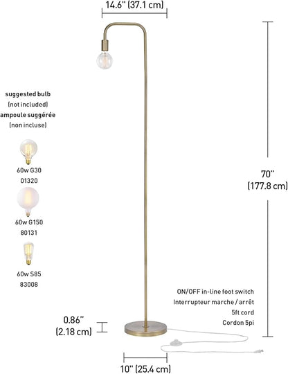 Globe Electric 67068 Holden 70" Floor Lamp, Matte Brass, in-Line On/Off Foot Switch