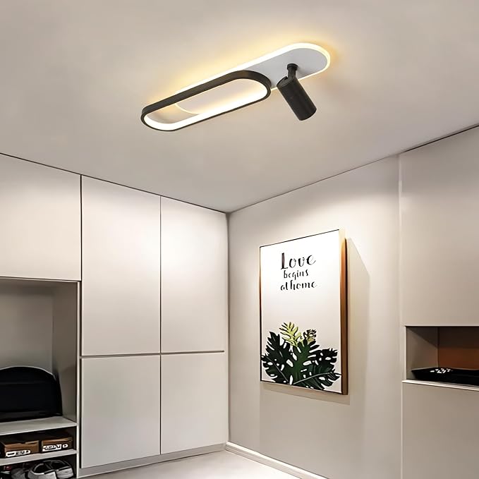 31.4Inch Modern Ceiling Light, LED Linear Ceiling Lamp with 1 Spotlight, 40W Remote Dimmable 3000K / 4500K / 6000K Black Long Flush Mount Light Fixture for Kitchen Dining Living Room Bedroom