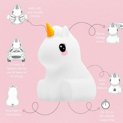 Lumipets Remote Control Silicone Night Light for Kids - Unicorn Design with 9 Soft Colors & Sleep Timer - Rechargeable, Battery-Operated Lamp for Bedroom | Baby Nursery, Toddler, Girls, Boys