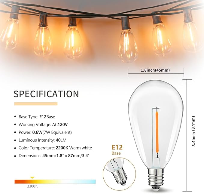 S14 Replacement LED Light Bulbs, Shatterproof & Waterproof 0.6W S14 LED Bulbs, Outdoor String Lights, E12 Base Patio Edison LED Light Bulbs, Warm White 2200K Plastic 40LM Non-Dimmable 50 Pack