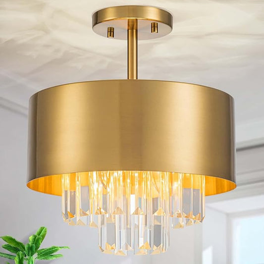 LumFurn 3-Light Luxury K9 Crystal Ceiling Light for Living Room, Foyer, Bedroom, Close to Ceiling Semi-Flushmount Light Fixture, Brass Finish Metal Lampshade & Clear Crystal Pendant