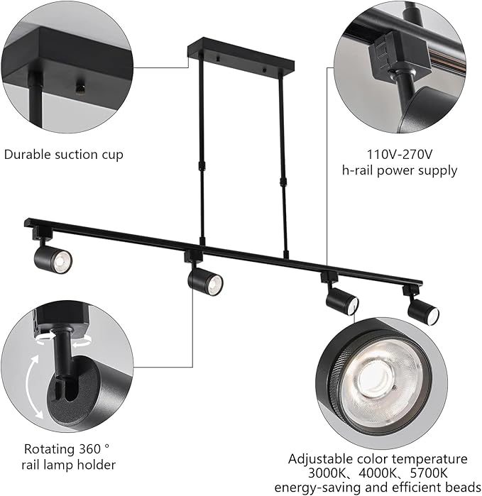 4-Pack Adjustable LED Track Lighting System - Black Ceiling Mount Spotlights with 360° Rotation for Kitchen, Bathroom, Dining Room & Hallway, Easy Install Modern Home Lighting Fixtures