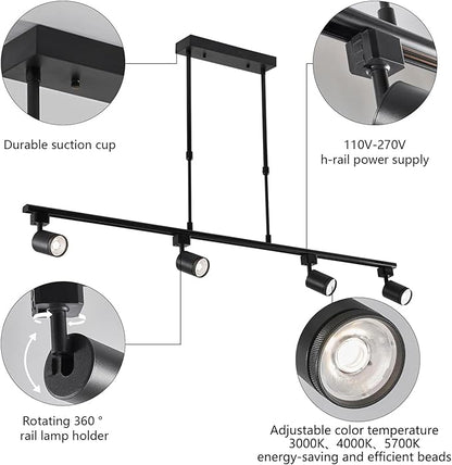 4-Pack Adjustable LED Track Lighting System - Black Ceiling Mount Spotlights with 360° Rotation for Kitchen, Bathroom, Dining Room & Hallway, Easy Install Modern Home Lighting Fixtures