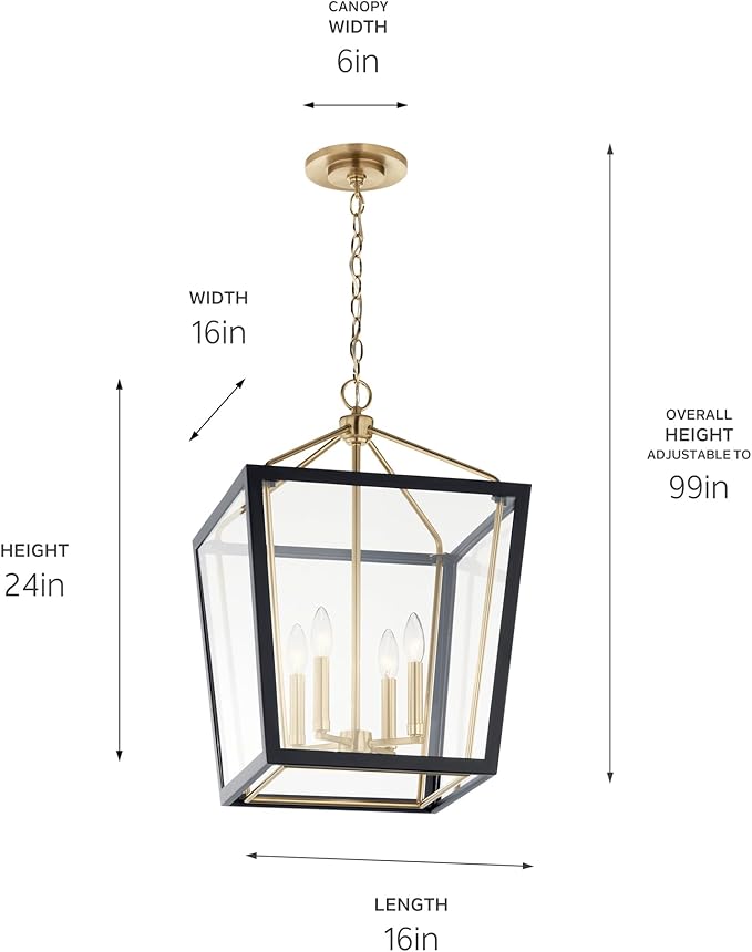 Kichler Delvin 4-Light Pendant Light Fixture with Clear Glass Panes in Champagne Bronze and Black for Kitchen Island, Dining Room, or Foyer (16" x 24"), 52619CPZBK