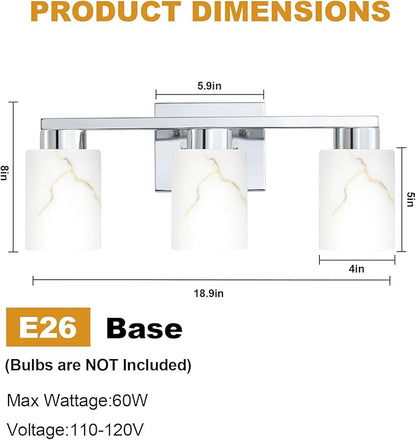 3-Light Bathroom Light Fixtures, Modern Vanity Lights, Chrome Metal Wall Lamp with White Marble Glass for Bathroom, Mirror, Living Room, Bedroom, Cabinet, Porch, Hallway, E26 Base