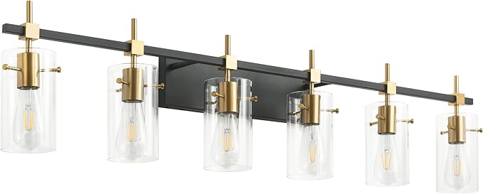 SOLFART 49.2 inch Vanity Light fixtures Vintage 6 Lights Wall Light Fixtures Above Mirror for Bathroom Brass and Black with Clear Glass Shade (Exclude Bulb)