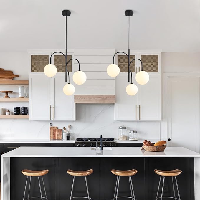 3 Light Milk Glass Chandelier Black Pendant Lights Kitchen Island Mid Century Dining Room Light Fixture Modern Globe Chandeliers for Bedroom Living Room Kitchen