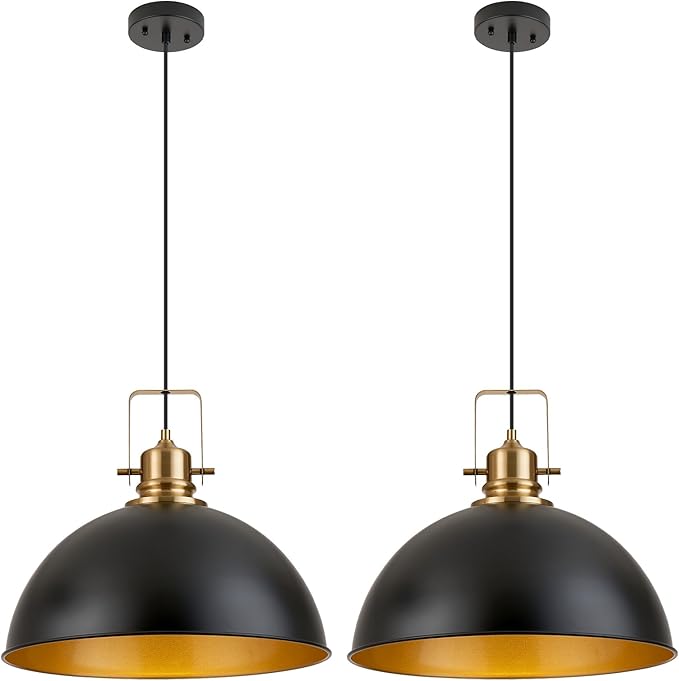Farmhouse Pendant Light, 17.5" Matte Black Pendant Light Kitchen Island with Adjustable Cord, Vintage Dome Hanging Lights for Dining Room Cafe Bar Hallway Worktops, L, 2 Pack