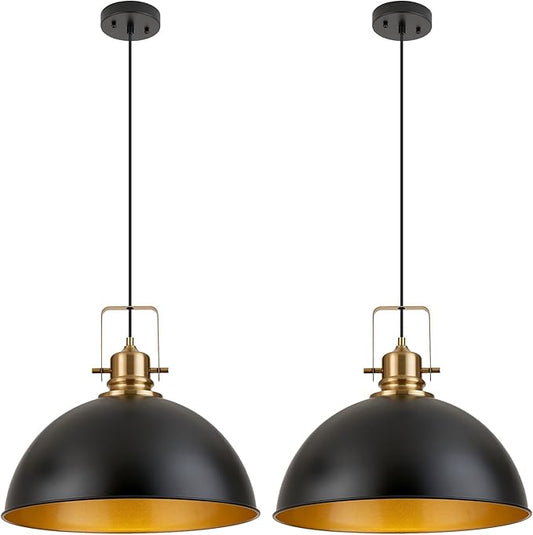Farmhouse Pendant Light, 17.5" Matte Black Pendant Light Kitchen Island with Adjustable Cord, Vintage Dome Hanging Lights for Dining Room Cafe Bar Hallway Worktops, L, 2 Pack
