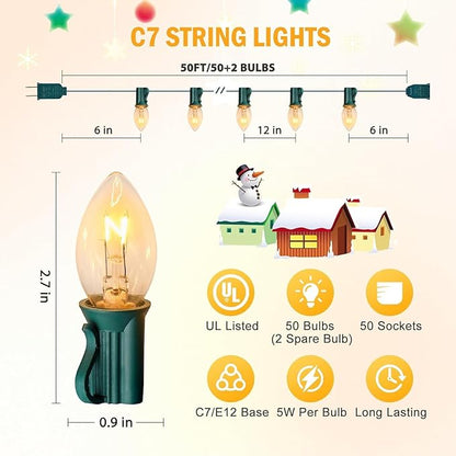 Brightown 50FT C7 String Lights Outdoor UL Listed Vintage Hanging C7 Christmas Lights for Christmas Tree Garden Patio Backyard Cafe Party Room Xmas Decoration, Green Wire, 50 + 2 Spare Bulbs