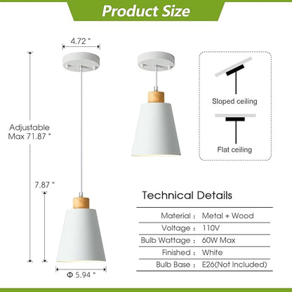 3 Pack Mini White Pendant Light Kitchen Island Modern Wood Pendant Lighting Cone Hanging Lights Hollow Top Nordic Island Light for Counter, Bar, Hallway