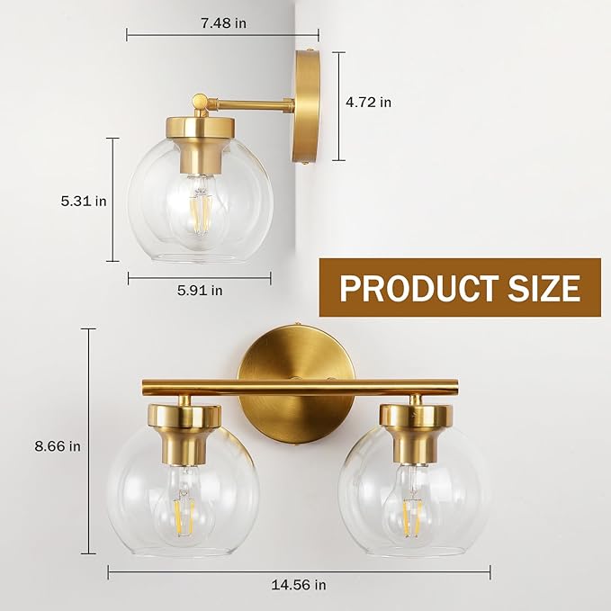 Gold Vanity Light, 2 Light Bathroom Vanity Light with Clear Globe Glass Shades, Modern Bathroom Light Fixture Over Mirror, Brass Wall Sconce Light for Bedroom Restroom, E26 Socket