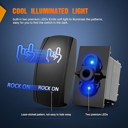 Nilight Rock On Rocker Switch Led Light Bar 5 Pin Laser ON/Off SPST switches 20A/12V 10A/24V Blue with Jumper Wires Set for Cars Trucks Boats ATVs UTVs RVs