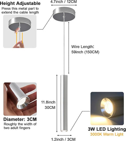 Modern LED Pendant Light Fixtures Chrome Long Tube Pendant Lights 2 Pack Pendant Lighting for Bedroom Dining Room Bar Kitchen Island Hanging Light Height Adjustable, 3000K, 11.8inch