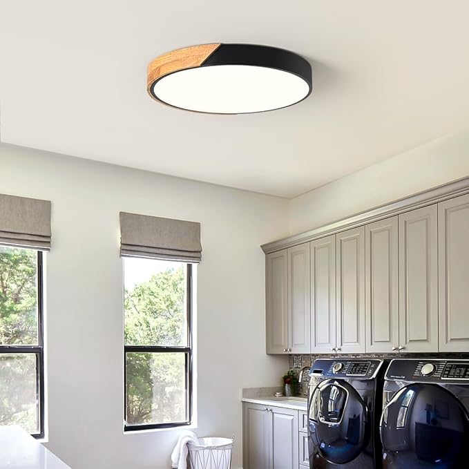Modern LED Ceiling Light, Minimalist Wood Flush Mount Ceiling Light Fixture, 4000K Not Dimmable, Circle Lighting Lamp with Acrylic Lampshade for Bedroom Dining Room Laundry (Black,15.8")