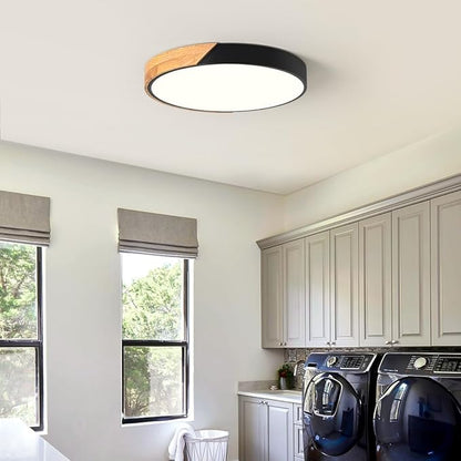 Modern LED Ceiling Light, Minimalist Wood Flush Mount Ceiling Light Fixture, 4000K Not Dimmable, Circle Lighting Lamp with Acrylic Lampshade for Bedroom Dining Room Laundry (Black,15.8")