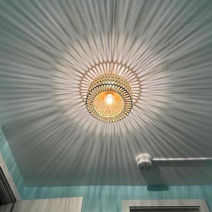 SineRise Rattan Ceiling Light Fixtures (12-Inch, LED Bulb Included), Hand-Woven Boho Flush Mount Ceiling Light, Rattan Chandelier for Hallway Kitchen Farmhouse Foyer Entryway Living Room(Gold)