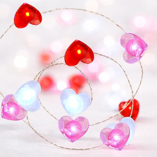 BOHON Valentine Day Decorations, 13 ft 40 LEDs Heart Lights String, Red White Pink Fairy String Lights Battery Operated, Valentines Decor for The Home Galentines Day Indoor Garland Party with Timer