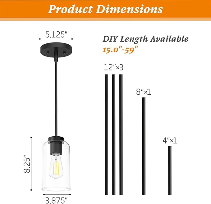 Zevluck Pendant Light Fixtures, Matte Black Pendant Lighting with 5 Adjustable Tubes, Hanging Light Fixtures with Clear Glass Shade, Tiltable Pendant Lighting for Kitchen Island, Dining Room, Bathroom