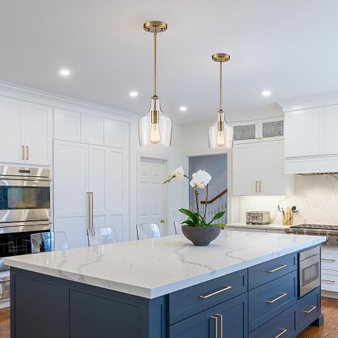 Modern Seeded Glass Kitchen Pendant Lighting Rod-Hung Brass Glod Pendant Lighting for Kitchen Island with Teardrop Shape Hand-Blown Glass